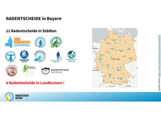 RADENTSCHEIDE in Bayern
11 Radentscheide in Städten
Quelle:
Karte:
https://www.bundesrad.org/das-buendnis
0 Radentscheide in Landkreisen !
 
