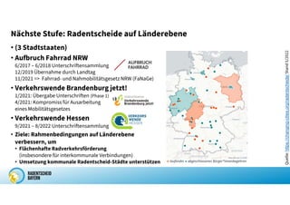 Nächste Stufe: Radentscheide auf Länderebene
• (3 Stadtstaaten)
• Aufbruch Fahrrad NRW
6/2017 – 6/2018 Unterschriftensammlung
12/2019 Übernahme durch Landtag
11/2021 => Fahrrad- und Nahmobilitätsgesetz NRW (FaNaGe)
• Verkehrswende Brandenburg jetzt!
1/2021: Übergabe Unterschriften (Phase 1)
4/2021: Kompromiss für Ausarbeitung
eines Mobilitätsgesetzes
• Verkehrswende Hessen
9/2021 – 8/2022 Unterschriftensammlung
• Ziele: Rahmenbedingungen auf Länderebene
verbessern, um
• Flächenhafte Radverkehrsförderung
(insbesondere für interkommunale Verbindungen)
• Umsetzung kommunale Radentscheid-Städte unterstützen
Quelle:
https://changing-cities.org/radentscheide/
Stand
5/2022
 