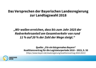 Das Versprechen der Bayerischen Landesregierung
zur Landtagswahl 2018
„Wir wollen erreichen, dass bis zum Jahr 2025 der
Radverkehrsanteil am Gesamtverkehr von rund
11 % auf 20 % der Zahl der Wege steigt.“
Quelle: „Für ein bürgernahes Bayern“
Koalitionsvertrag für die Legislaturperiode 2018 – 2023, S. 50
(https://www.bayern.de/staatsregierung/koalitionsvertrag-2018-2023/)
 
