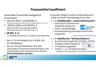 Finanzmittel insuffizient
Dauerhafte Finanzmittel weitgehend
unverändert:
 2015 bis 2019: rund 200 Mio. €
(Radverkehrsprogramm Bayern 2025. Eine Halbzeitbilanz, 2021, S. 10)
 2020 bis 2024: rund 200 Mio. €
(davon 90 Mio. € aus Bundesmitteln)
(Radwegebauprogramm 2020-2024, 2020, S. 4)
40 Mio. € / a
ca. 400.000 €/a je Kreis; ca. 20.000 €/a je Gemeinde
Ansonsten lediglich volatile Sonderprogramme
„Stadt und Land“ (Bundesprogramm) oder
 z. B. Modellprojekt „ Lastenradmietsystem“
• 2020-2023 in 8 Kommunen
(mehrfach überbucht)
• 2 Mio. € Gesamtbudget
• Keine Ausweitung auf weitere Kommunen
vorgesehen
https://www.lastenrad.bayern.de/
 z. B. Radoffensive "Klimaland Bayern"
• Kurze Einreichungsfristen (12/2021 -2/2022)
• Trotzdem 10fach überbucht
• 27 Projekte ausgewählt
• 10 Mio. € = ca. 370.000 €/Vorhaben
Radoffensive "Klimaland Bayern" (25.05.2022 PM 90b/2022)
− Nur 1-2 % im Vergleich zu 3-4 Mrd. €/a
für Straßenbau
− Nur ca. 3 € pro Einwohner und Jahr
(Zielvorgabe im Nationalen Radverkehrsplan 2030
[verabschiedet unter Verkehrsminister Scheuer]
30 € pro Einwohner und Jahr)
 