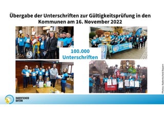 Übergabe der Unterschriften zur Gültigkeitsprüfung in den
Kommunen am 16. November 2022
100.000
Unterschriften
Photos:
Radentscheid
Bayern
 
