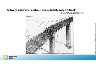 … Radwege sind immer noch meistens „Verkehrswege 2. Wahl“
Bernd Sluka (VCD Bayern)
Quelle:
http://bernd.sluka.de/Radfahren/Prinzip.html
 