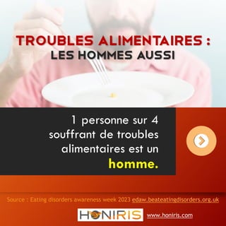 1 personne sur 4
souffrant de troubles
alimentaires est un
homme.
Source : Eating disorders awareness week 2023 edaw.beateatingdisorders.org.uk
www.honiris.com
Troubles alimentaires :
les hommes aussi
 
