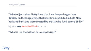 “What objects does Getty have that have images larger than
1200px on the longest side that have been exhibited in both New
York and Paris and were created by artists who lived before 1850?”
is just as easy absurdly difﬁcult to ask as
“What is the tombstone data about Irises?”
32
Annoyances: Queries
 