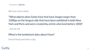 We have never asked:
“What objects does Getty have that have images larger than
1200px on the longest side that have been exhibited in both New
York and Paris and were created by artists who lived before 1850?
…but we ask
What is the tombstone data about Irises?
Several thousand times a day.
34
Annoyances: Queries
 