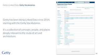 Getty has been doing Linked Data since 2014,
starting with the Getty Vocabularies.
It’s a collection of concepts, people, and places
deeply relevant to the study of art and
architecture.
42
Getty’s Linked Data: Getty Vocabularies
 