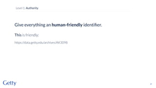 Give everything an human-friendly identiﬁer.
This is friendly:
https://data.getty.edu/archives/AK3098
57
Level 1: Authority
 
