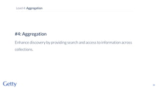 #4: Aggregation
Enhance discovery by providing search and access to information across
collections.
69
Level 4: Aggregation
 