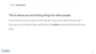 This is where you start doing things for other people.
The previous levels are about what you do in your data, often for yourself—
but now, you’re doing things explicitly to help other people do things with your
data.
70
Level 4: Aggregation
 