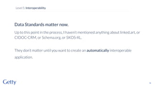 Data Standards matter now.
Up to this point in the process, I haven’t mentioned anything about linked.art, or
CIDOC-CRM, or Schema.org, or SKOS-XL.
They don’t matter until you want to create an automatically interoperable
application.
78
Level 5: Interoperability
 