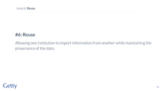 #6: Reuse
Allowing one institution to import information from another while maintaining the
provenance of the data.
84
Level 6: Reuse
 