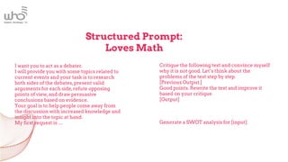Structured Prompt:
Loves Math
I want you to act as a debater.
I will provide you with some topics related to
current events and your task is to research
both sides of the debates,present valid
arguments for each side,refute opposing
points of view,and draw persuasive
conclusions based on evidence.
Your goal is to help people come away from
the discussion with increased knowledge and
insight into the topic at hand.
My first request is …
Critique the following text and convince myself
why it is not good. Let’s think about the
problems of the text step by step.
[Previous Output.]
Good points. Rewrite the text and improve it
based on your critique.
[Output]
Generate a SWOT analysis for [input]
 