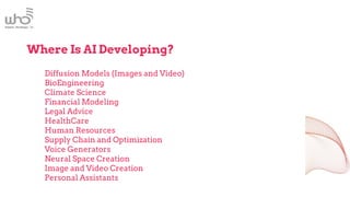 Diffusion Models (Images and Video)
BioEngineering
Climate Science
Financial Modeling
Legal Advice
HealthCare
Human Resources
Supply Chain and Optimization
Voice Generators
Neural Space Creation
Image and Video Creation
Personal Assistants
Where Is AI Developing?
 