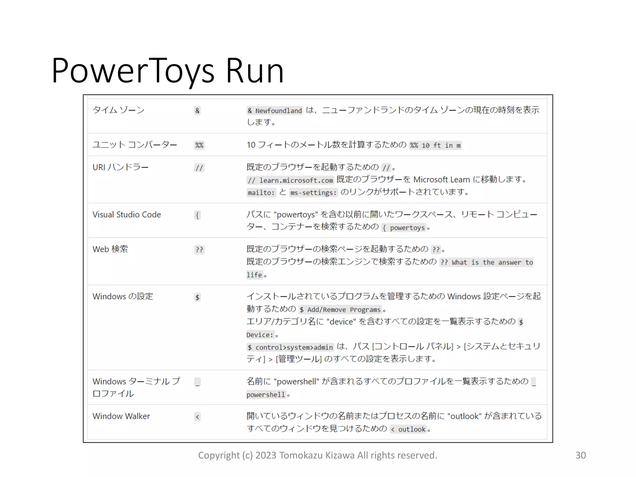 PowerToys Run
Copyright (c) 2023 Tomokazu Kizawa All rights reserved. 30
 