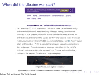 When did the Ukraine war start?
https://jsis.washington.edu/news/
cyberattack-critical-infrastructure-russia-ukrainian-power-grid-attacks/
Defense, Tech and Internet. The World Changed.
 