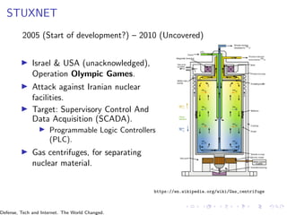 STUXNET
2005 (Start of development?) – 2010 (Uncovered)
▶ Israel & USA (unacknowledged),
Operation Olympic Games.
▶ Attack against Iranian nuclear
facilities.
▶ Target: Supervisory Control And
Data Acquisition (SCADA).
▶ Programmable Logic Controllers
(PLC).
▶ Gas centrifuges, for separating
nuclear material.
https://en.wikipedia.org/wiki/Gas_centrifuge
Defense, Tech and Internet. The World Changed.
 