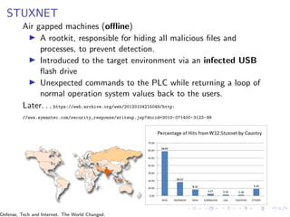 STUXNET
Air gapped machines (offline)
▶ A rootkit, responsible for hiding all malicious files and
processes, to prevent detection.
▶ Introduced to the target environment via an infected USB
flash drive
▶ Unexpected commands to the PLC while returning a loop of
normal operation system values back to the users.
Later. . . https://web.archive.org/web/20120104215049/http:
//www.symantec.com/security_response/writeup.jsp?docid=2010-071400-3123-99
Defense, Tech and Internet. The World Changed.
 