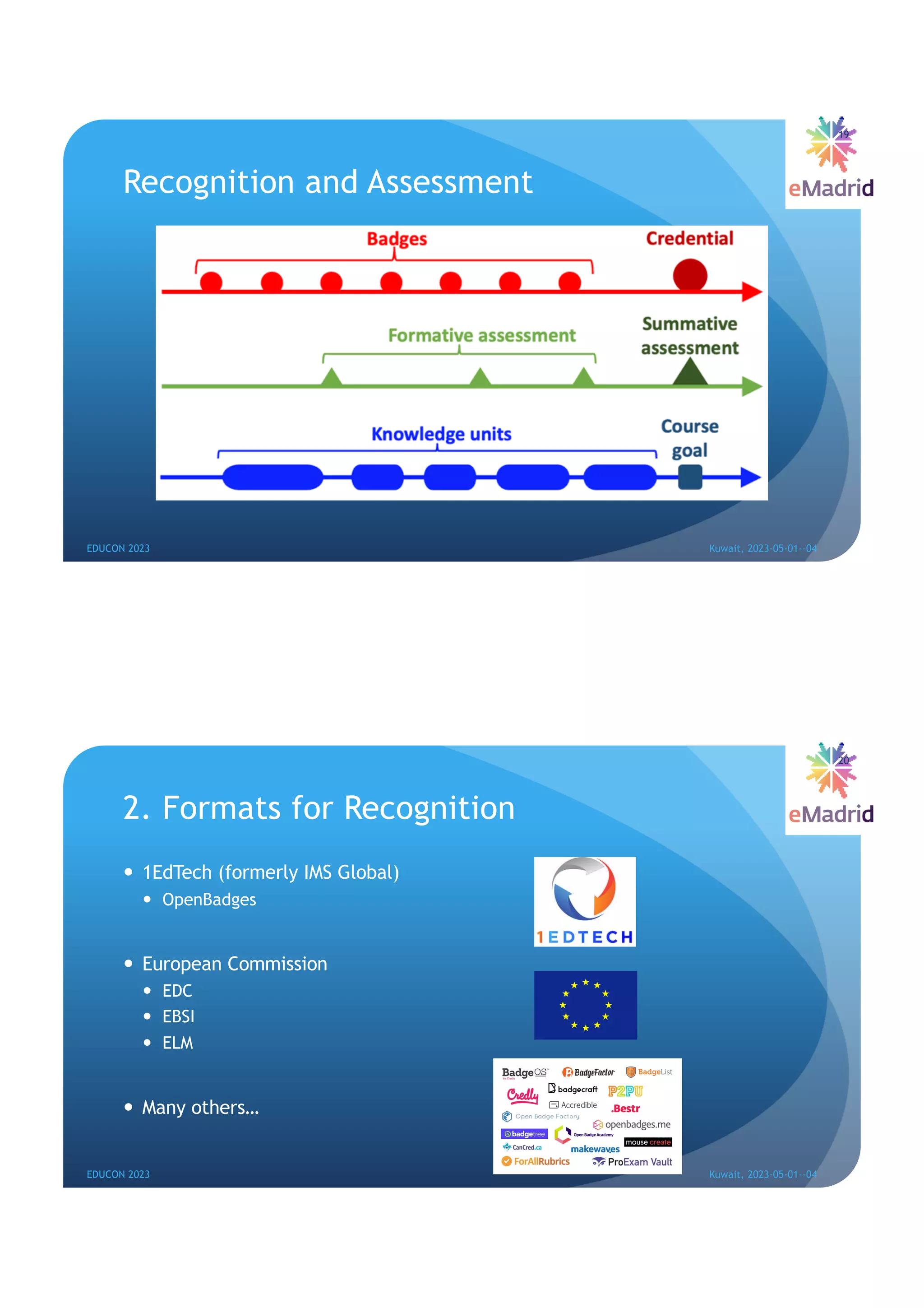 Recognition and Assessment
EDUCON 2023 Kuwait, 2023-05-01--04
19
2. Formats for Recognition
— 1EdTech (formerly IMS Global)
— OpenBadges
— European Commission
— EDC
— EBSI
— ELM
— Many others…
20
EDUCON 2023 Kuwait, 2023-05-01--04
 