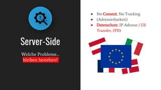 Server-Side
● No Consent, No Tracking
● (Adressierbarkeit)
● Datenschutz: IP-Adresse / US
Transfer, (PII)
Welche Probleme…
bleiben bestehen?
 