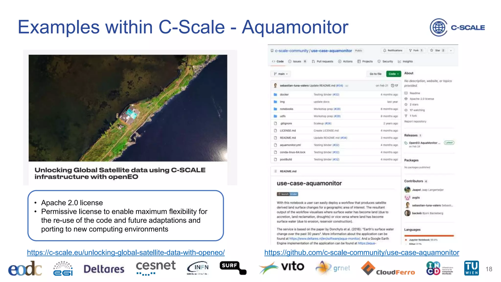 Examples within C-Scale - Aquamonitor
18
https://github.com/c-scale-community/use-case-aquamonitor
https://c-scale.eu/unlocking-global-satellite-data-with-openeo/
• Apache 2.0 license
• Permissive license to enable maximum flexibility for
the re-use of the code and future adaptations and
porting to new computing environments
 