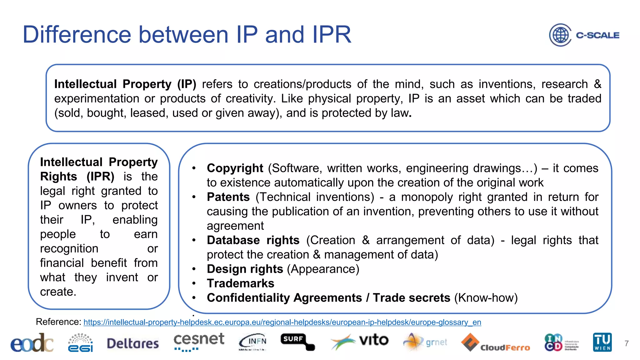 Difference between IP and IPR
7
Reference: https://intellectual-property-helpdesk.ec.europa.eu/regional-helpdesks/european-ip-helpdesk/europe-glossary_en
Intellectual Property (IP) refers to creations/products of the mind, such as inventions, research &
experimentation or products of creativity. Like physical property, IP is an asset which can be traded
(sold, bought, leased, used or given away), and is protected by law.
Intellectual Property
Rights (IPR) is the
legal right granted to
IP owners to protect
their IP, enabling
people to earn
recognition or
financial benefit from
what they invent or
create.
• Copyright (Software, written works, engineering drawings…) – it comes
to existence automatically upon the creation of the original work
• Patents (Technical inventions) - a monopoly right granted in return for
causing the publication of an invention, preventing others to use it without
agreement
• Database rights (Creation & arrangement of data) - legal rights that
protect the creation & management of data)
• Design rights (Appearance)
• Trademarks
• Confidentiality Agreements / Trade secrets (Know-how)
.
 