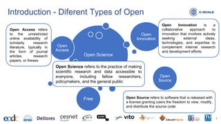 Introduction - Diferent Types of Open
3
Open Science
Open
Access
Open
Innovation
Open
Source
Free
Open Science refers to the practice of making
scientific research and data accessible to
everyone, including fellow researchers,
policymakers, and the general public
Open Innovation is a
collaborative approach to
innovation that involves actively
seeking external ideas,
technologies, and expertise to
complement internal research
and development efforts
Open Access refers
to the unrestricted
online availability of
scholarly research
literature, typically in
the form of journal
articles, research
papers, or theses
Open Source refers to software that is released with
a license granting users the freedom to view, modify,
and distribute the source code
 