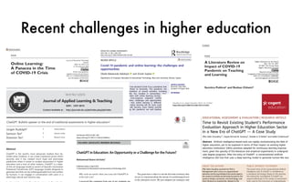 A Literature Review on
Impact of COVID-19
Pandemic on Teaching
and Learning
Sumitra Pokhrel1
and Roshan Chhetri2
Abstract
The COVID-19 pandemic has created the largest disruption of education systems
in human history, affecting nearly 1.6 billion learners in more than 200 countries.
Closures of schools, institutions and other learning spaces have impacted more
than 94% of the world’s student population.This has brought far-reaching changes
in all aspects of our lives.Social distancing and restrictive movement policies have
significantly disturbed traditional educational practices. Reopening of schools
after relaxation of restriction is another challenge with many new standard
operating procedures put in place.
Within a short span of the COVID-19 pandemic, many researchers have
shared their works on teaching and learning in different ways. Several schools,
colleges and universities have discontinued face-to-face teachings. There is
a fear of losing 2020 academic year or even more in the coming future. The
need of the hour is to innovate and implement alternative educational system
and assessment strategies. The COVID-19 pandemic has provided us with an
opportunity to pave the way for introducing digital learning.This article aims to
provide a comprehensive report on the impact of the COVID-19 pandemic on
online teaching and learning of various papers and indicate the way forward.
Keywords
Internet Use, Learning, Pedagogy, Teaching (Academic)
1
Phuentsholing Higher Secondary School, Ministry of Education, Phuentsholing, Bhutan.
2
Department of Electrical Engineering, College of Science and Technology, Royal University of
Bhutan, Phuentsholing, Bhutan.
Corresponding author:
Sumitra Pokhrel, Phuentsholing Higher Secondary School, Ministry of Education, Phuentsholing 450,
Bhutan.
E-mail: bksumipokhrel@gmail.com
Higher Education for the Future
8(1) 133–141, 2021
© 2021 The Kerala State
Higher Education Council
Higher Education Council
Reprints and permissions:
in.sagepub.com/journals-permissions-india
DOI: 10.1177/2347631120983481
journals.sagepub.com/home/hef
Article
Recent challenges in higher education
REVIEW ARTICLE
Covid-19 pandemic and online learning: the challenges and
opportunities
Olasile Babatunde Adedoyin and Emrah Soykan
Department of Computer Education & Instructional Technology, Near East University, Nicosia, Cyprus
ABSTRACT
The World Health Organization has declared Covid-19 as a pandemic that
has posed a contemporary threat to humanity. This pandemic has
successfully forced global shutdown of several activities, including
educational activities, and this has resulted in tremendous crisis-
response migration of universities with online learning serving as the
educational platform. The crisis-response migration methods of
universities, faculty and students, challenges and opportunities were
discussed and it is evident that online learning is diﬀerent from
emergency remote teaching, online learning will be more sustainable
while instructional activities will become more hybrid provided the
challenges experienced during this pandemic are well explored and
transformed to opportunities.
ARTICLE HISTORY
Received 5 May 2020
Accepted 18 August 2020
KEYWORDS
Covid-19 pandemic; online
learning; emergency remote
teaching; digital migration
methods; challenges;
opportunities
Introduction
According to Huang et al. (2020), a novel corona virus, known as Covid-19, was discovered in the last
month of the year 2019, in a seafood market in Wuhan. Clinical analysis results of the virus showed
person-to-person transmission (Li et al., 2020; Paules et al., 2020; Wang, Cheng, et al., 2020). The Direc-
tor General of WHO in March 2020 (WHO, 2020) declared Covid-19 as a pandemic after assessment of
the rapid spread and severity of the deadly virus across the globe with additional announcement of
social distancing as a means of curbing the spread of the pandemic. Merriam-Webster Online Diction-
ary (2020) referred to pandemic as “an outbreak of a disease that occurs over a wide geographic area
and aﬀects an exceptionally high proportion of the population”. Social distancing is conscious incre-
ment in the physical gap between people in order to curb dissemination of disease (Red Cross, 2020).
This pandemic has forced global physical closure of businesses, sport activities and schools by
pushing all institutions to migrate to online platforms. Online learning is the use of internet and
some other important technologies to develop materials for educational purposes, instructional
delivery and management of program (Fry, 2001). Hrastinski (2008) stated that the two types of
online learning, namely asynchronous and synchronous online learning, are majorly compared but
for online learning to be eﬀective and eﬃcient, instructors, organizations and institutions must
have comprehensive understanding of the beneﬁts and limitations. This article discussed the
crisis-response migration methods of higher institutions of learning, students and faculty members
into online learning, the opportunities and challenges with respect to Covid-19, and also add
value to the existing body of literature on online learning by providing comprehensive awareness
on the migration methods of instructional delivery adopted by universities, faculty and students,
INTERACTIVE LEARNING ENVIRONMENTS
2023, VOL. 31, NO. 2, 863–875
https://doi.org/10.1080/10494820.2020.1813180
Article
Online Learning:
A Panacea in the Time
of COVID-19 Crisis
Shivangi Dhawan1,2
Abstract
Educational institutions (schools, colleges, and universities) in India are currently
based only on traditional methods of learning, that is, they follow the traditional
set up of face-to-face lectures in a classroom. Although many academic units have
also started blended learning, still a lot of them are stuck with old procedures.
The sudden outbreak of a deadly disease called Covid-19 caused by a Corona
Virus (SARS-CoV-2) shook the entire world. The World Health Organization
declared it as a pandemic. This situation challenged the education system across
the world and forced educators to shift to an online mode of teaching overnight.
Many academic institutions that were earlier reluctant to change their traditional
pedagogical approach had no option but to shift entirely to online teaching–learning.
The article includes the importance of online learning and Strengths, Weaknesses,
Opportunities, & Challenges (SWOC) analysis of e-learning modes in the time of
crisis. This article also put some light on the growth of EdTech Start-ups during the
time of pandemic and natural disasters and includes suggestions for academic insti-
tutions of how to deal with challenges associated with online learning.
Keywords
coronavirus, COVID-19, education, online learning, technology, EdTech
1
Department of Commerce, SGTB Khalsa College, University of Delhi, Delhi, India
2
Department of Commerce, Delhi School of Economics, University of Delhi, Delhi, India
Corresponding Author:
Shivangi Dhawan, Department of Commerce, SGTB Khalsa College, University of Delhi, Delhi, India.
Email: shivangidhawan13@gmail.com
Journal of Educational Technology
Systems
2020, Vol. 49(1) 5–22
! The Author(s) 2020
Article reuse guidelines:
sagepub.com/journals-permissions
DOI: 10.1177/0047239520934018
journals.sagepub.com/home/ets
DOI: https://doi.org/10.37074/jalt.2023.6.1.9
Content Available at :
Journal of Applied Learning & Teaching
Vol.6 No.1 (2023)
J
o
u
r
n
a
l
o
f Applied Learning &
T
e
a
c
h
i
n
g
JALT
http://journals.sfu.ca/jalt/index.php/jalt/index
ISSN : 2591-801X
ChatGPT: Bullshit spewer or the end of traditional assessments in higher education?
Jürgen RudolphA A Head of Research, Kaplan Singapore
Abstract
ChatGPT is the world’s most advanced chatbot thus far.
Unlike other chatbots, it can create impressive prose within
seconds, and it has created much hype and doomsday
predictions when it comes to student assessment in higher
education and a host of other matters. ChatGPT is a state-
of-the-art language model (a variant of OpenAI’s Generative
Pretrained Transformer (GPT) language model) designed to
generate text that can be indistinguishable from text written
by humans. It can engage in conversation with users in a
seemingly natural and intuitive way.
Introduction
Samson TanB B Director of Regional Strategy & Operations (Singapore), Civica Asia Pacific
Shannon TanC C Research Assistant, Kaplan Singapore
I have the knowledge, I have the lived experience,
I’m a good student, I go to all the tutorials and I go
to all the lectures and I read everything we have
to read but I kind of felt I was being penalised
because I don’t write eloquently and I didn’t feel
that was right.
(‘Essay Witch’, a student in New Zealand who used
AI tools for their assignments, cited in Heyward,
2022)
EDUCATIONAL ASSESSMENT & EVALUATION | RESEARCH ARTICLE
Time to Revisit Existing Student’s Performance
Evaluation Approach in Higher Education Sector
in a New Era of ChatGPT — A Case Study
Iffat Sabir Chaudhry1
*, Sayed Ahmad M. Sarwary2
, Ghaleb A. El Refae1
and Habib Chabchoub1
Abstract: Artificial intelligence-based tools are rapidly revolutionizing the field of
higher education, yet to be explored in terms of their impact on existing higher
education institutions’ (HEIs) practices adopted for continuous learning improve-
ment, given the sparsity of the literature and empirical experiments in undergrad-
uate degree programs. After the entry of ChatGPT -a conversational artificial
intelligence (AI) tool that uses a deep learning model to generate human-like text
ABOUT THE AUTHOR
Iffat Sabir chaudhry received her PhD in
Management with a focus on organizational
behaviors and its psychological and social aspects.
Her research activities are primarily focused on the
systems designs, processes, and technology, and
their influence on productivity. Aligned to the
PUBLIC INTEREST STATEMENT
The recent entry of the conversational artificial
intelligence tool of ChatGPT is considered as
a disruptive technology. Based on this premise,
the researchers investigated if ChatGPT can
respond effectively to the variety of assessment
tools used by the instructors at undergraduate
Chaudhry et al., Cogent Education (2023), 10: 2210461
https://doi.org/10.1080/2331186X.2023.2210461
Received: 27 February 2023
Accepted: 01 May 2023
*Corresponding author:Iffat Sabir
Chaudhry, College of Business,
Mohamed Bin Zayed, Al Ain
University, Abu Dhabi Campus, United
Arab Emirates
E-mail: iffat.sabir@aau.ac.ae
Reviewing editor:
Sammy King Fai Hui, Curriculum &
Instruction, The Education University
of Hong Kong, Hong kong
Additional information is available at
the end of the article
TechTrends (2023) 67:402–403
https://doi.org/10.1007/s11528-023-00844-y
COLUMN: GRADUATE MEMBER MUSINGS
ChatGPT in Education: An Opportunity or a Challenge for the Future?
Mohammad Shams Ud Duha1
Published online: 6 April 2023
© Association for Educational Communications & Technology 2023
Why write an article when you (can) ask ChatGPT to
write it for you?
I received this comment from one of my graduate stu-
The good news is that it is not the first time in history that
we are so concerned about the advent of a technological tool
in the education sector. We just adapted our strategies and
 