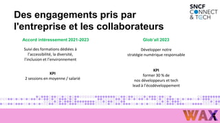 Des engagements pris par
l'entreprise et les collaborateurs
Accord intéressement 2021-2023
Suivi des formations dédiées à
l’accessibilité, la diversité,
l’inclusion et l’environnement
KPI
2 sessions en moyenne / salarié
Glob’all 2023
Développer notre
stratégie numérique responsable
KPI
former 30 % de
nos développeurs et tech
lead à l’écodéveloppement​
 