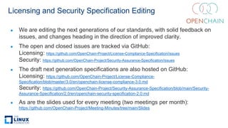 Licensing and Security Specification Editing
● We are editing the next generations of our standards, with solid feedback on
issues, and changes heading in the direction of improved clarity.
● The open and closed issues are tracked via GitHub:
Licensing: https://github.com/OpenChain-Project/License-Compliance-Specification/issues
Security: https://github.com/OpenChain-Project/Security-Assurance-Specification/issues
● The draft next generation specifications are also hosted on GitHub:
Licensing: https://github.com/OpenChain-Project/License-Compliance-
Specification/blob/master/3.0/en/openchain-license-compliance-3.0.md
Security: https://github.com/OpenChain-Project/Security-Assurance-Specification/blob/main/Security-
Assurance-Specification/2.0/en/openchain-security-specification-2.0.md
● As are the slides used for every meeting (two meetings per month):
https://github.com/OpenChain-Project/Meeting-Minutes/tree/main/Slides
 