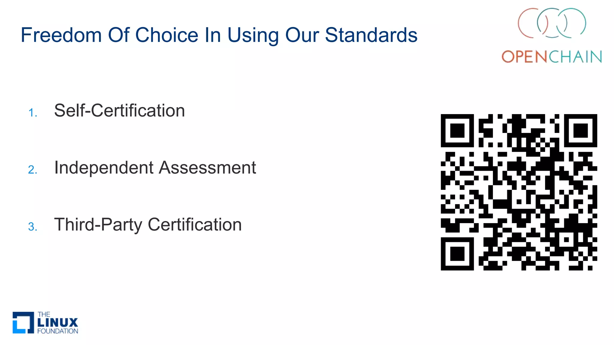 1. Self-Certification
2. Independent Assessment
3. Third-Party Certification
Freedom Of Choice In Using Our Standards
 