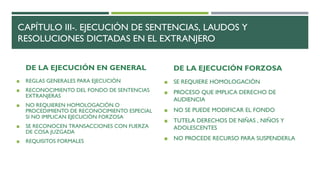 CAPÍTULO III-. EJECUCIÓN DE SENTENCIAS, LAUDOS Y
RESOLUCIONES DICTADAS EN EL EXTRANJERO
DE LA EJECUCIÓN EN GENERAL
◼ REGLAS GENERALES PARA EJECUCIÓN
◼ RECONOCIMIENTO DEL FONDO DE SENTENCIAS
EXTRANJERAS
◼ NO REQUIEREN HOMOLOGACIÓN O
PROCEDIMIENTO DE RECONOCIMIENTO ESPECIAL
SI NO IMPLICAN EJECUCIÓN FORZOSA
◼ SE RECONOCEN TRANSACCIONES CON FUERZA
DE COSA JUZGADA
◼ REQUISITOS FORMALES
DE LA EJECUCIÓN FORZOSA
◼ SE REQUIERE HOMOLOGACIÓN
◼ PROCESO QUE IMPLICA DERECHO DE
AUDIENCIA
◼ NO SE PUEDE MODIFICAR EL FONDO
◼ TUTELA DERECHOS DE NIÑAS , NIÑOS Y
ADOLESCENTES
◼ NO PROCEDE RECURSO PARA SUSPENDERLA
 