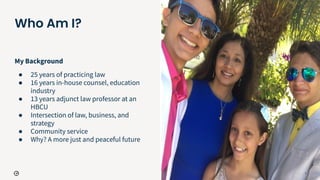 7
Who Am I?
My Background
● 25 years of practicing law
● 16 years in-house counsel, education
industry
● 13 years adjunct law professor at an
HBCU
● Intersection of law, business, and
strategy
● Community service
● Why? A more just and peaceful future
 