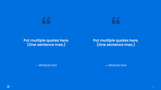77
Put multiple quotes here.
(One sentence max.)
— Attribute here
Put multiple quotes here.
(One sentence max.)
— Attribute here
 