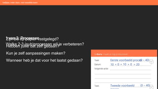 beGuru: méér doen, met hetzelfde team
Welke 2-3 (sub)processen wil je verbeteren?
1 van 3: Processen
Zijn die op papier vastgelegd?
Hebben jullie dat zelf gedaan?
Kun je zelf aanpassingen maken?
Wanneer heb je dat voor het laatst gedaan? Eerste voorbeeld proces
Tweede voorbeeld
10 + 0 + 10 + 0
(0 – 40)
(0 – 40)
= 20
 