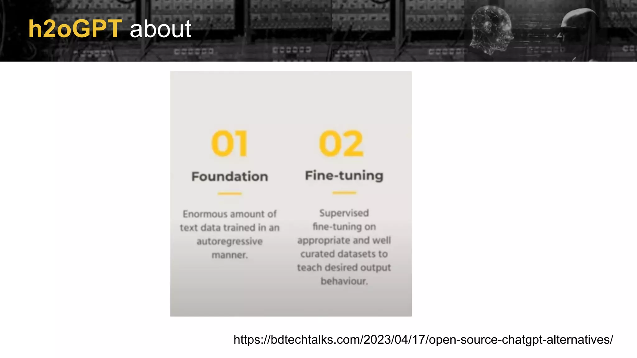 h2oGPT about
https://bdtechtalks.com/2023/04/17/open-source-chatgpt-alternatives/
 