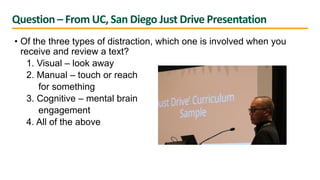 Question – From UC, San Diego Just Drive Presentation
• Of the three types of distraction, which one is involved when you
receive and review a text?
1. Visual – look away
2. Manual – touch or reach
for something
3. Cognitive – mental brain
engagement
4. All of the above
 