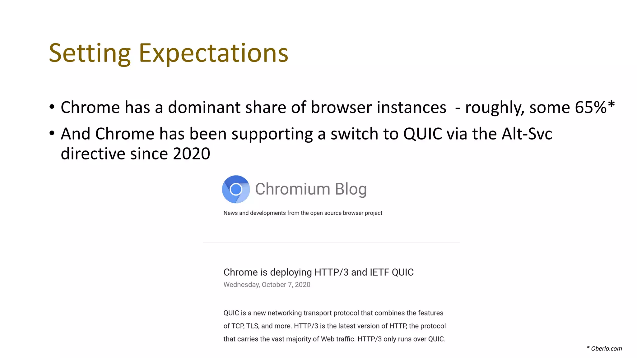 Setting Expectations
• Chrome has a dominant share of browser instances - roughly, some 65%*
• And Chrome has been supporting a switch to QUIC via the Alt-Svc
directive since 2020
* Oberlo.com
 