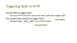 Triggering QUIC in HTTP
Use the DNS to trigger QUIC:
• Set up an HTTPS record for each server name, with value: alpn=“h3”
Use content-level controls to trigger QUIC:
• Add Alt-Svc: h3=“:443” to the HTML headers
First Fetch
Second Fetch
 