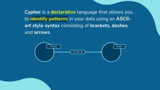 Cypher is a declarative language that allows you
to identify patterns in your data using an ASCII-
art style syntax consisting of brackets, dashes
and arrows.
Movie
ACTED_IN
Person
 
