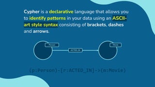 Cypher is a declarative language that allows you
to identify patterns in your data using an ASCII-
art style syntax consisting of brackets, dashes
and arrows.
Movie
ACTED_IN
Person
(p:Person)-[r:ACTED_IN]->(m:Movie)
 