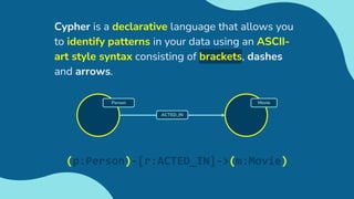 Cypher is a declarative language that allows you
to identify patterns in your data using an ASCII-
art style syntax consisting of brackets, dashes
and arrows.
Movie
ACTED_IN
Person
(p:Person)-[r:ACTED_IN]->(m:Movie)
 