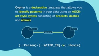 Cypher is a declarative language that allows you
to identify patterns in your data using an ASCII-
art style syntax consisting of brackets, dashes
and arrows.
Movie
ACTED_IN
Person
(p:Person)-[r:ACTED_IN]->(m:Movie)
 