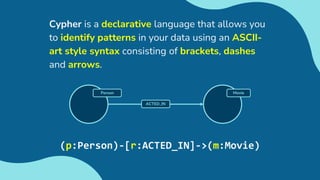 Cypher is a declarative language that allows you
to identify patterns in your data using an ASCII-
art style syntax consisting of brackets, dashes
and arrows.
Movie
ACTED_IN
Person
(p:Person)-[r:ACTED_IN]->(m:Movie)
 