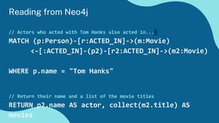 // Actors who acted with Tom Hanks also acted in...
MATCH (p:Person)-[r:ACTED_IN]->(m:Movie)
<-[:ACTED_IN]-(p2)-[r2:ACTED_IN]->(m2:Movie)
WHERE p.name = "Tom Hanks"
// Return their name and a list of the movie titles
RETURN p2.name AS actor, collect(m2.title) AS
movies
Reading from Neo4j
 