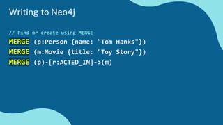 Writing to Neo4j
// Find or create using MERGE
MERGE (p:Person {name: "Tom Hanks"})
MERGE (m:Movie {title: "Toy Story"})
MERGE (p)-[r:ACTED_IN]->(m)
 