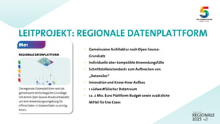 • Gemeinsame Architektur nach Open-Source-
Grundsatz
• Individuelle aber kompatible Anwendungsfälle
• Schnittstellenstandards zum Aufbrechen von
„Datensilos“
• Innovation und Know-How-Aufbau
• 1 südwestfälischer Datenraum
• ca. 2 Mio. Euro Plattform-Budget sowie zusätzliche
Mittel für Use Cases
LEITPROJEKT: REGIONALE DATENPLATTFORM
 