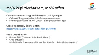 100% Replizierbarkeit, 100% offen
Gemeinsame Nutzung, Kollaboration und Synergien
• Co-Entwicklungen zwischen teilnehmenden Kommunen
• Erfahrungsaustausch z.B. mit „Urban Tech Republic Berlin-Tegel“
Gitlab-Repository online unter:
https://gitlab.com/urban-dataspace-platform
100% Open Source
• Lizenz = EUPL (European Union Public Licence)
• Copy-LeftLizenz
• Beinhaltet alle Anwendungsfälle und Schnittstellen – kein „Kleingedrucktes“
 