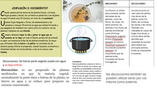 Decocciones: Se hierve parte vegetal usada con agua
y se deja enfriar.
Decocción: es un preparado de plantas
medicinales en que la materia vegetal,
normalmente la parte dura o leñosa de la planta, se
hierve en agua y se reduce para preparar un
extracto concentrado.
las decocciones también se
pueden utilizar tanto por vía
interna como externa.
 