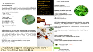 ASOCUCH (2020). Guía para la elaboración de pomadas, tinturas y
jarabes. Huehuetenango (Guatemala). 12 pág.
Hay jarabes para
distintas
enfermedades, la
mayoría contiene
varios tipos de
plantas, así como
otros ingredientes.
 