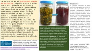 Maceración
Se prepara colocando la droga
previamente pesada en un recipiente
opaco con la cantidad de agua
necesaria a temperatura ambiente.
Se deja reposar en un lugar fresco y
oscuro, el tiempo requerido. Por lo
general, si se trata de partes blandas
(como flores y hojas) el tiempo de
maceración será de unas 12 horas y,
si son partes duras (como raíces y
cortezas) será de 24 horas. Pasado
este tiempo se cuela el líquido
resultante. Normalmente, se utilizan
entre 20 y 50 g de droga por litro de
agua, y se toman de 2 a 3 tazas al
día.La maceración resulta útil para
aquellas drogas cuyos principios
activos sean termolábiles. A veces se
realiza primeramente una
maceración para reblandecer los
tejidos vegetales y, seguidamente,
una decocción.
López Luengoa, Mª Tránsito. (2002).
Formas de administración más
habituales de plantas medicinales.
Offarm 21 (2): 122-125.
La maceración es el proceso más simple
de extracción. Significa picar o moler
una planta, ponerla en un frasco y
cubrirla algún solvente (generalmente
una combinación de alcohol y agua, o
simplemente alcohol puro). Se deja
reposar durante un mes, y luego se
cuela. El líquido sobrante es la
tintura, habiendo extraído los
componentes activos de la planta. Se
recomienda proteger el macerado de la
luz directa para impedir reacciones
químicas no deseadas.
Este método es muy usado para diversas areas,
como la medicina, la herboristería, y para la industria
alimenticia. Fundamental para la extracción de
muchos compuestos y preparaciones, como la
maceración del vino y la extracción de la cafeína del
café.
En gastronomía se puede destacar la infusión
de varias especies en aceite de oliva virgen
extra, concediendo a estos últimos aromas y
paladares propios de las especias maceradas
La maceración es un proceso de extracción sólido-
líquido. El producto sólido (materia prima) posee
una serie de compuestos solubles en el líquido
extractante. En la industria química se suele hablar
de extracciones, mientras que en alimentos, flores,
hierbas y otros productos para consumo humano se
emplea el término maceración.​ En este caso el
agente extractante (la fase líquida) suele ser agua,
pero también se emplean otros líquidos como
vinagre, jugos, alcoholes (principalmente etanol) o
aceites vegetales, que pueden o no ir aderezados
con diversos ingredientes para modificar las
propiedades de extracción del medio líquido
(Wikipedia).
 